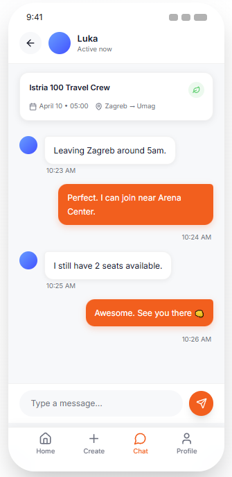 Lumopa chat screen for coordinating a race trip