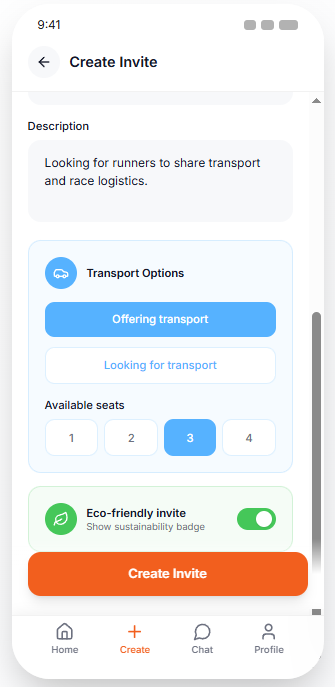 Lumopa create invite screen with transport options