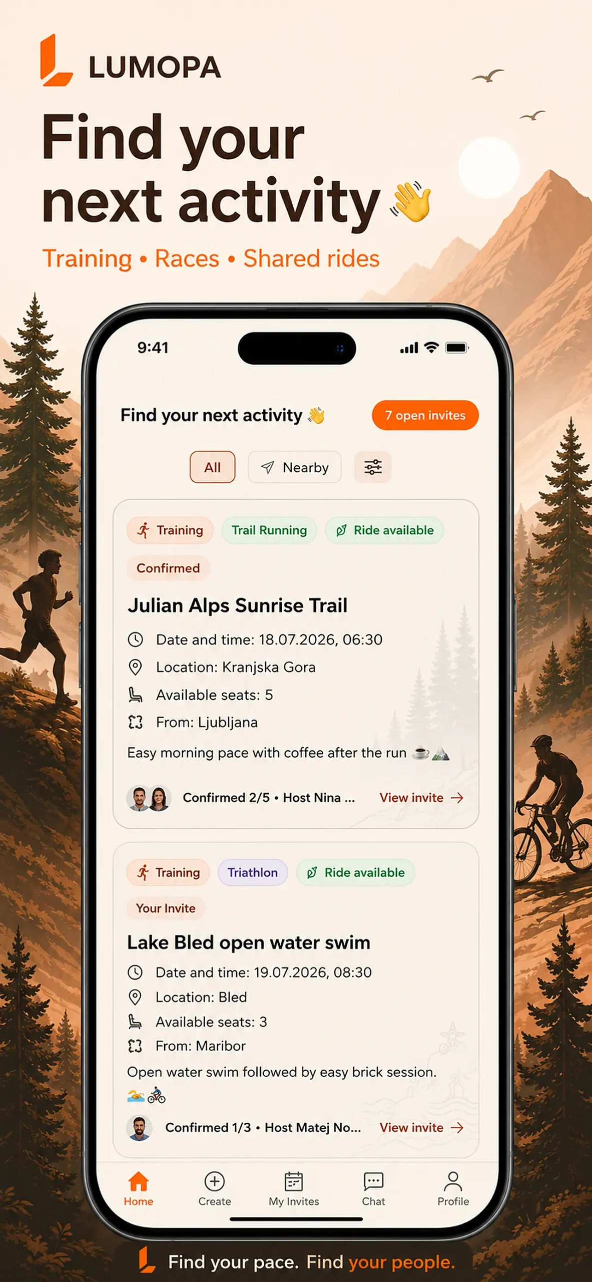 Lumopa app showing training, race and shared ride invitations